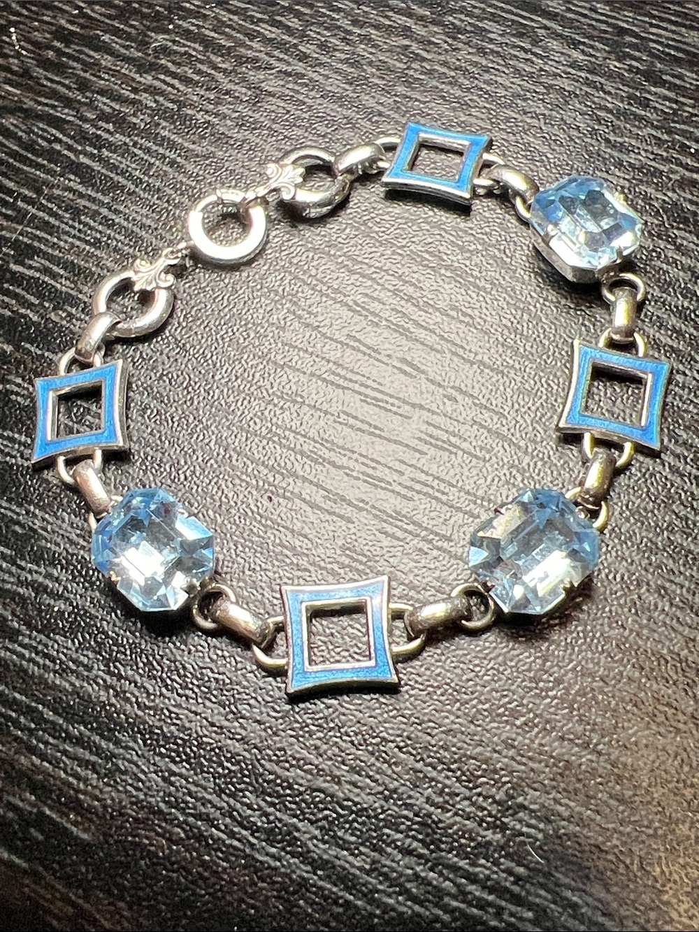 VTG Amco Sterling Silver Faceted Blue Glass Geometric Enamel Station Bracelet